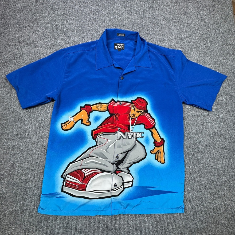 KAD Button Up Shirt Men M‎ Blue Graphic Hip Hop Skater Short Sleeve